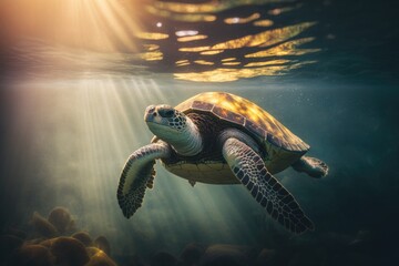 Illustration of a wild animal - Sea turtle - Created with Generative ai - obrazy, fototapety, plakaty