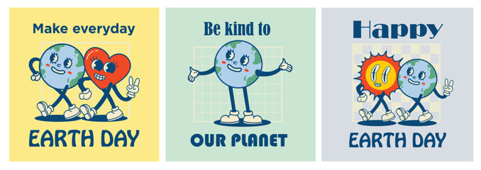 Naklejka na ściany i meble Happy Earth Day retro cards with slogan. Vintage nostalgia cartoon planet mascot character with smiling face. Globe with peace hand gesture. Environment friendly recycle concept.