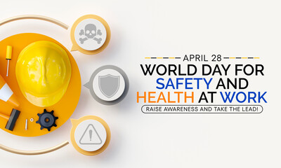 World day for safety and health at work observed each year on April 28th to promote the prevention of occupational accidents and diseases globally. 3D Rendering - obrazy, fototapety, plakaty