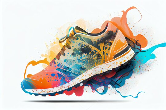 Sport Shoes With Color Paint Splash. Conceptual Illustration For Marathon Or Jogging Or Run Festival. Isolated Design Element On The white Background. Generative AI
