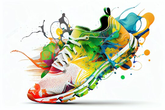 Sport Shoes With Color Paint Splash. Conceptual Illustration For Marathon Or Jogging Or Run Festival. Isolated Design Element On The white Background. Generative AI