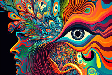 Psychedelic design with a persons face. Generative ai - obrazy, fototapety, plakaty