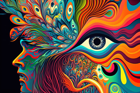 Psychedelic design with a persons face. Generative ai