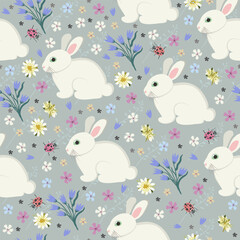 Vector seamless pattern with bunnies on pastel floral background. Easter spring concept.