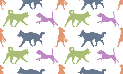 Seamless pattern. Silhouette dogs different breeds in various poses. Endless texture. Design for fabric, decor, wallpaper, wrapping paper, surface design. Vector illustration.
