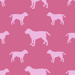 Standing labrador retriever puppy isolated on a pink background. Seamless pattern. Dog silhouette. Endless texture. Use for wallpaper, fabric, template, surface design. Vector illustration.