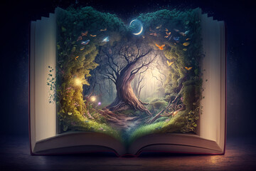 Obraz premium llustration of a magical book that contains fantastic stories - AI generative