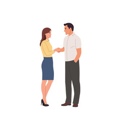 Young man and woman in full height shake hands.  Vector cartoon flat style illustration