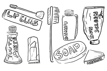hand drawn line art illustration collection set of travel stuff
