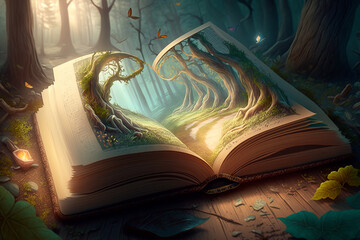 llustration of a magical book that contains fantastic stories - AI generative
