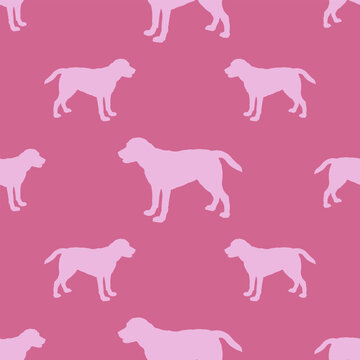 Standing labrador retriever puppy isolated on a pink background. Seamless pattern. Dog silhouette. Endless texture. Use for wallpaper, fabric, template, surface design. Vector illustration.