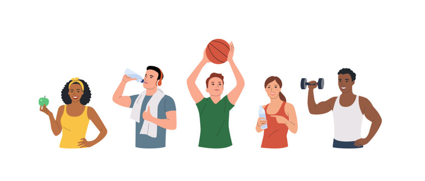 Healthy  young different athletic men and women isolated. Vector cartoon flat style illustration