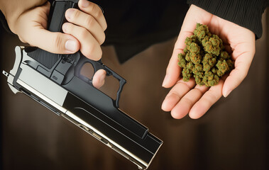 A man holds a gun in one hand and weed in the other. Drug dealer. The image stands for danger, theft and robbery. Space for text.