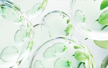 Tuinposter 3Dレンダリングの美しいガラス玉と葉っぱの背景, サステナブルなイメージの背景イラストレーション素材 © AMONT