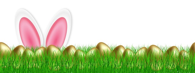 Easter banner with easter golden eggs in the meadow and easter bunny ears. Easter banner on a...