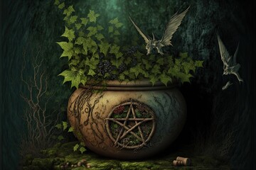 Wiccan magic, wicca magic books and witchcraft staff still life. Witch cauldron, witchcraft magic. AI generative