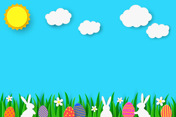 Fototapeta na wymiar Easter egg hunt background with rabbits and coloured eggs hidden in the grass. Paper cut style. Vector illustration