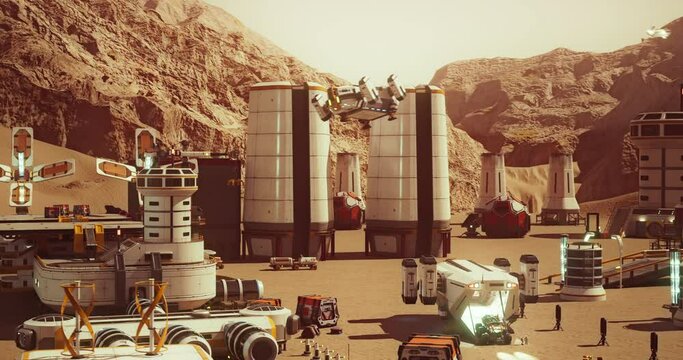 Futuristic Spaceship Landing on Mars Base. 3D Rendering