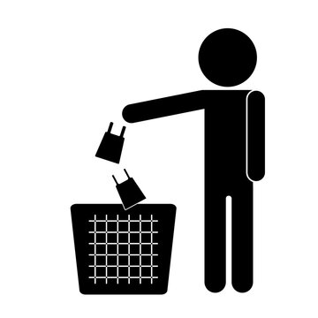 Isolated illustration of man black stick figure throw trash info trashbin, for tamplate Do not litter, keep it clean, prohibition sign. Vector illustration.