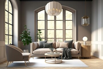 Modern villa living room design interior, beige furniture, bright walls, hardwood flooring, sofa, armchair with lamp, AI generated