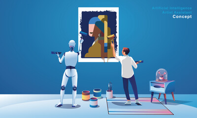 Robot Painting Creating Artwork, artificial intelligence artist assistant, the image generated by artificial intelligence. Prompt craft and prompt artists are disrupting traditional artists with robot