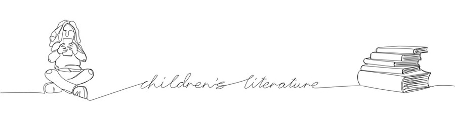 Children literature one line art. Continuous line drawing of book, library, fairy tales, child, pupil, literature, read, reading with an inscription, lettering, handwritten.