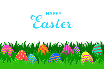 Happy Easter. Greeting card with painted eggs in the grass. Paper cut style. Vector illustration