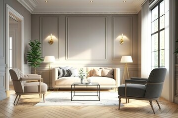 Naklejka na ściany i meble Modern villa living room design interior, beige furniture, bright walls, hardwood flooring, sofa, armchair with lamp, AI generated