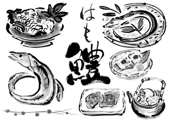 鱧手描き和風イラスト素材セット　白黒,モノクロ,単色