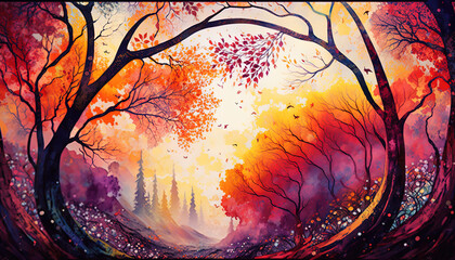 Watercolor painting of Beautiful surreal alternate color fantasy Autumn