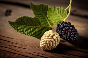 Mulberry isolated on a wooden background. Ripe mulberry fruit. Healthy food from mulberry fruit has a positive effect on health, AI generated