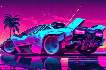 Naklejka na ściany i meble A 80S Style Vaporwave Retro Futuristic Supercar In A Blue And Pink Neon Cyber Digital Miami City. Generative AI
