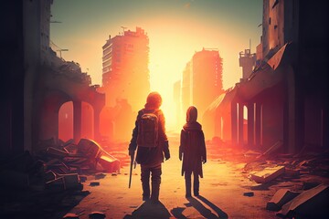 Fototapeta premium A Boy And A Girl Holding Hands, Walking In A Destroyed City. They Are Looking At The Bright Sun, Hoping For A Brighter Future. Generative AI