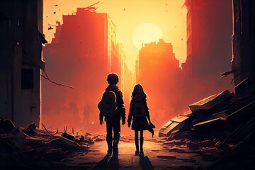 Fototapeta premium A Boy And A Girl Holding Hands, Walking In A Destroyed City. They Are Looking At The Bright Sun, Hoping For A Brighter Future. Generative AI