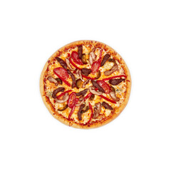 Meat Pizza top view on a white background isolate