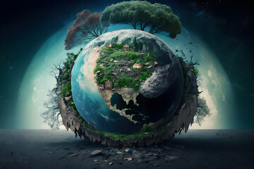 Fototapeta premium Illustration of global warming and pollution concept. The climate change on the earth model. Enviornment and enviornmental problems, abstract art. Save the earth banner. The earth day. Generative AI
