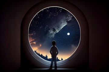 Fototapeta premium A Kid Watching Out At Big Window Open To Galaxy Sky, Midnight Time, Idea For Imagination And Dream Concept. Generative AI