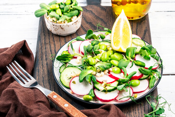 Spring vegan salad with radish, cucumber, green pea, sunflower and soy sprouts, edamame beans. Healthy diet food. Top view