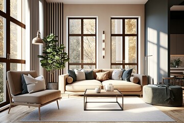 Fototapeta na wymiar Modern villa living room design interior, beige furniture, bright walls, hardwood flooring, sofa, armchair with lamp, AI generated
