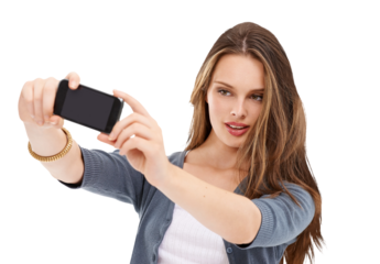 A tech-savvy user capturing a memorable moment for social media by taking a selfie with her cellphone, carefully examining the camera clarity  isolated in a transparent PNG background.
