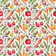 Farm vegetables and greens hand-drawn seamless pattern on a white background. Tomatoes, carrots, peas, mushrooms, leeks and other vegetables seamless pattern.