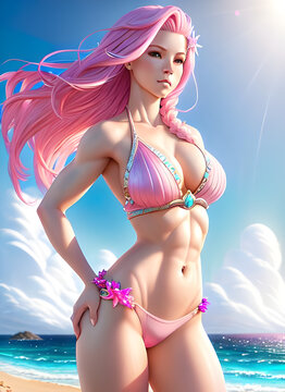 Full body Portrait of woman with pink hair and with cute face on the beach, clouds, sexy fitness body, perfect composition, hyperrealistic, pink wear