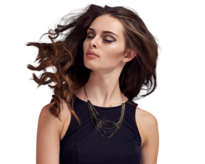 Aesthetic fashion model with glamorous liner makeup and voluminous, bouncing hair, styled in heavy curls, isolated on a transparent PNG background.