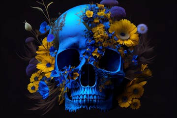 Blue And Yellow Flowers Arranged Around A Black Human Skull. Generative AI