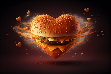 Burger In Heart Shape With Little Hearts Exploding. Generative AI