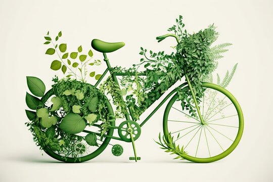 Bicycle made of green plants on white background. Generative AI
