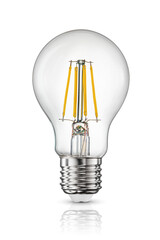 Standard LED filament light bulb with e27 base isolated on white.
