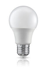 Plastic LED light bulb with e27 Edison screw base isolated on white.