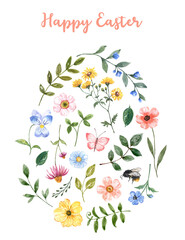 Easter egg made of cute flowers and foliage. Watercolor spring illustration. Holiday floral card. PNG clipart.