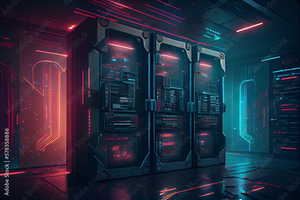 Poster cyberpunk data center room with mainframe storage servers, vintage cloud network concept, hosting da